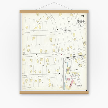 Old map wall art mockup — magnetic wood frame on white wall — Sanborn Fire Insurance Map from Arlington, Middlesex County, Massachusetts (1914), Sheet #0027