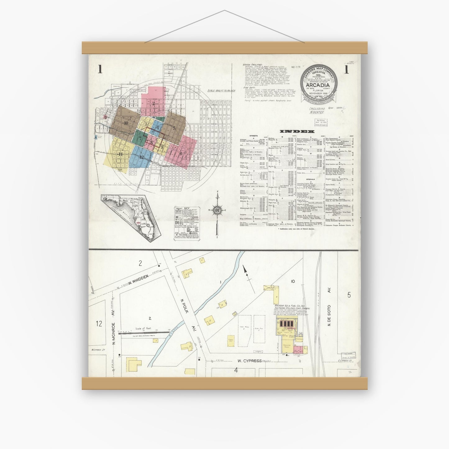 Old map wall art mockup — magnetic wood frame on white wall — Sanborn Fire Insurance Map from Arcadia, DeSoto County, Florida (1923) - Complete Map Set