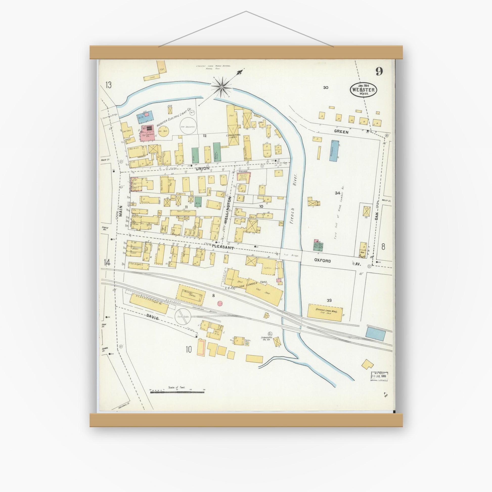 Old map wall art mockup — magnetic wood frame on white wall — Sanborn Fire Insurance Map from Webster, Worcester County, Massachusetts (1904), Sheet #0009