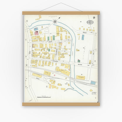 Old map wall art mockup — magnetic wood frame on white wall — Sanborn Fire Insurance Map from Webster, Worcester County, Massachusetts (1904), Sheet #0009