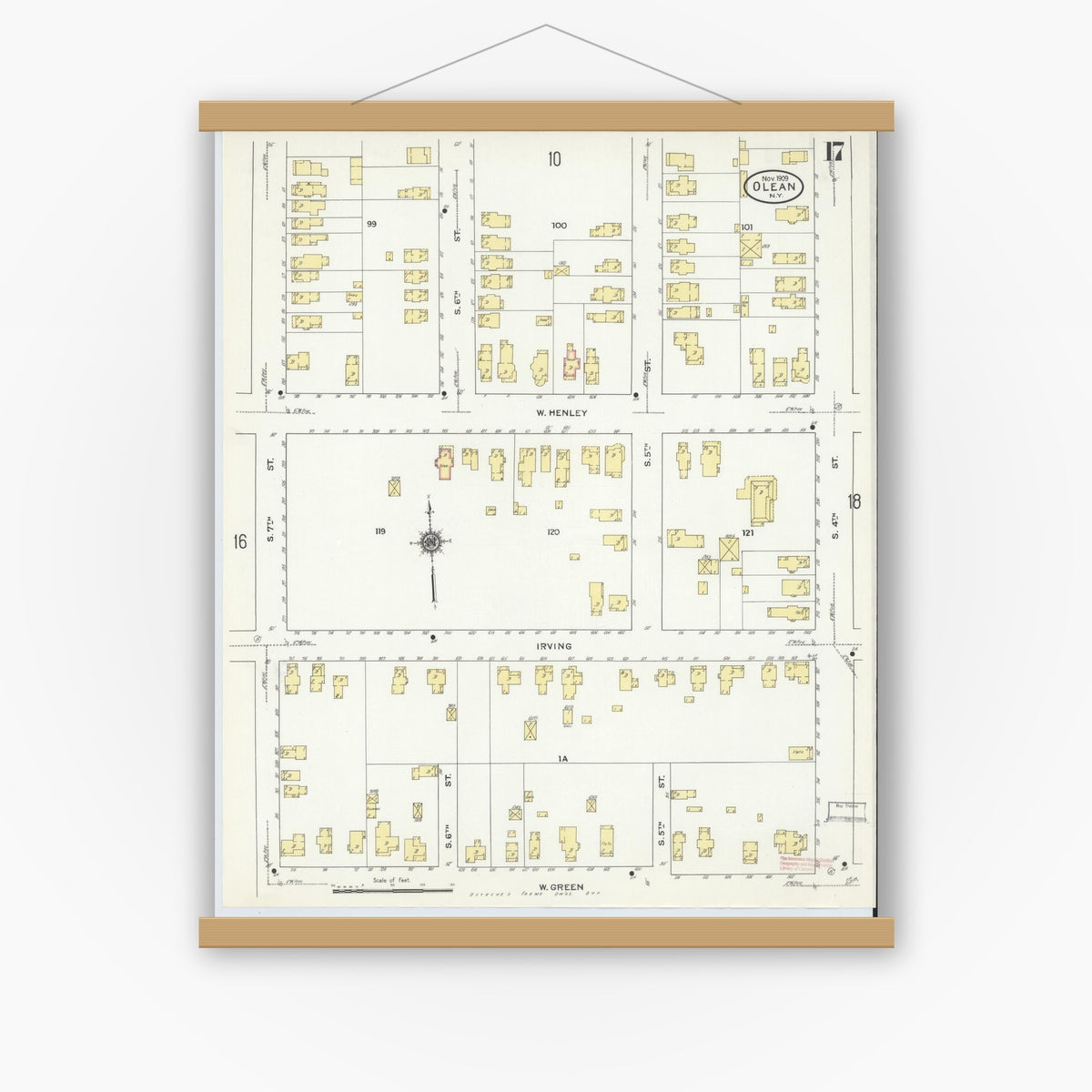 Old map wall art mockup — magnetic wood frame on white wall — Sanborn Fire Insurance Map from Olean, Cattaraugus County, New York (1909), Sheet #0017