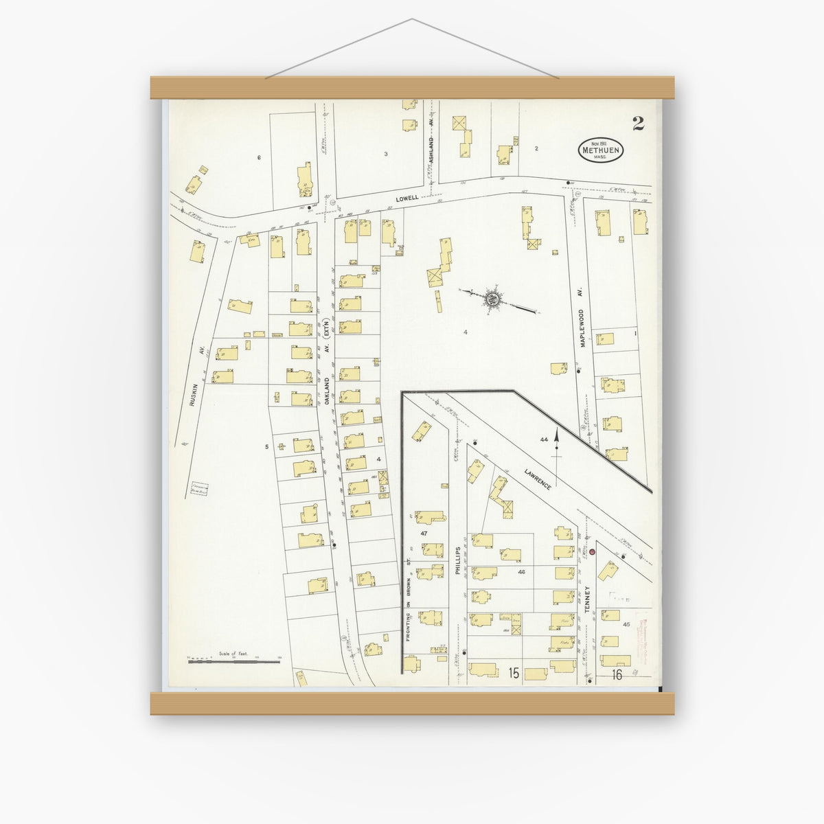 Old map wall art mockup — magnetic wood frame on white wall — Sanborn Fire Insurance Map from Methuen, Essex County, Massachusetts (1911), Sheet #0002