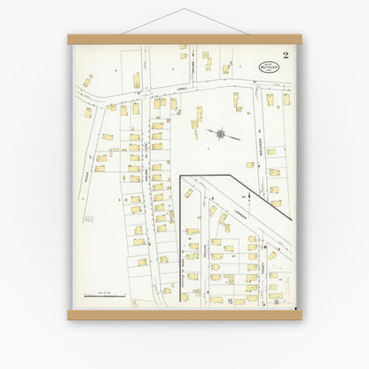Old map wall art mockup — magnetic wood frame on white wall — Sanborn Fire Insurance Map from Methuen, Essex County, Massachusetts (1911), Sheet #0002