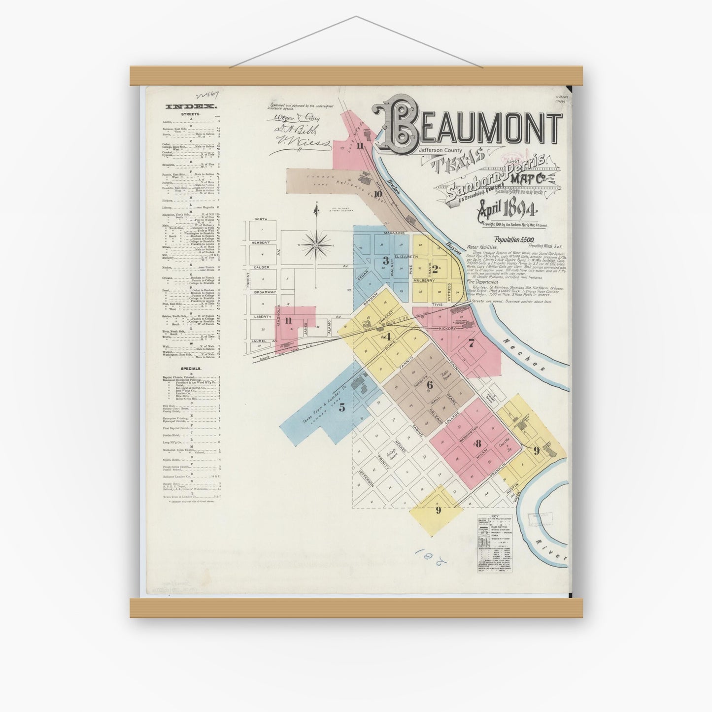 Old map wall art mockup — magnetic wood frame on white wall — Sanborn Fire Insurance Map from Beaumont, Jefferson County, Texas (1894) - Complete Map Set