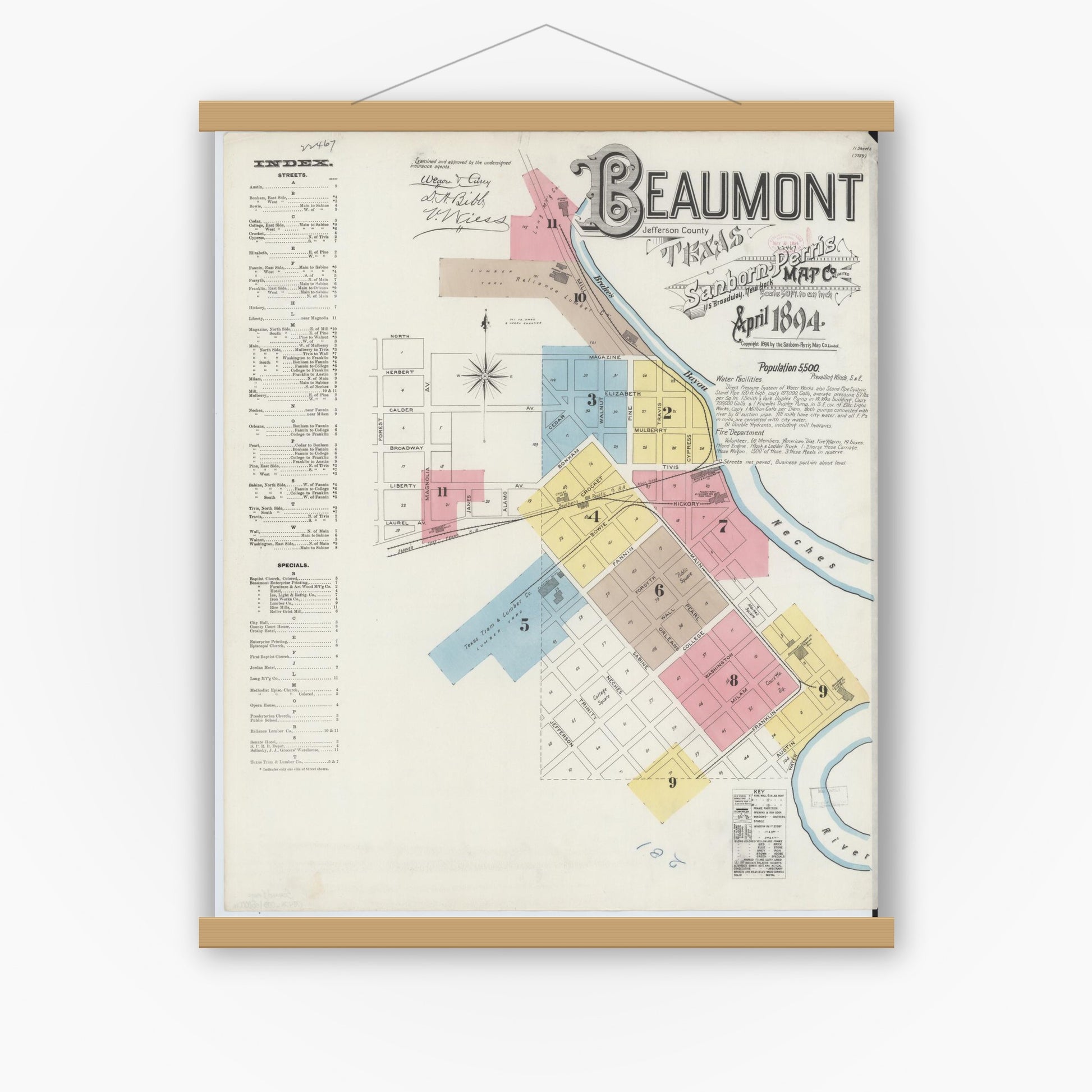 Old map wall art mockup — magnetic wood frame on white wall — Sanborn Fire Insurance Map from Beaumont, Jefferson County, Texas (1894) - Complete Map Set