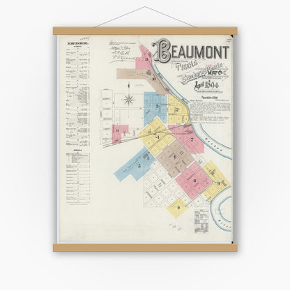 Old map wall art mockup — magnetic wood frame on white wall — Sanborn Fire Insurance Map from Beaumont, Jefferson County, Texas (1894) - Complete Map Set