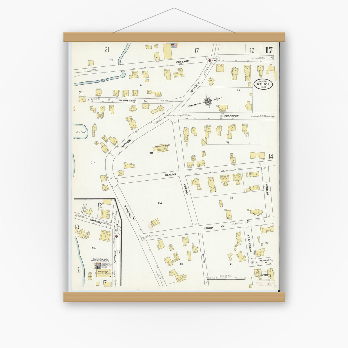 Old map wall art mockup — magnetic wood frame on white wall — Sanborn Fire Insurance Map from Athol, Worcester County, Massachusetts (1911), Sheet #0017