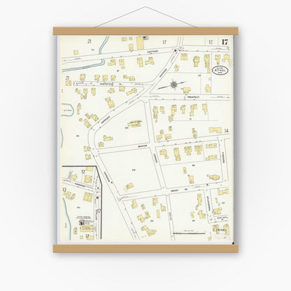 Old map wall art mockup — magnetic wood frame on white wall — Sanborn Fire Insurance Map from Athol, Worcester County, Massachusetts (1911), Sheet #0017