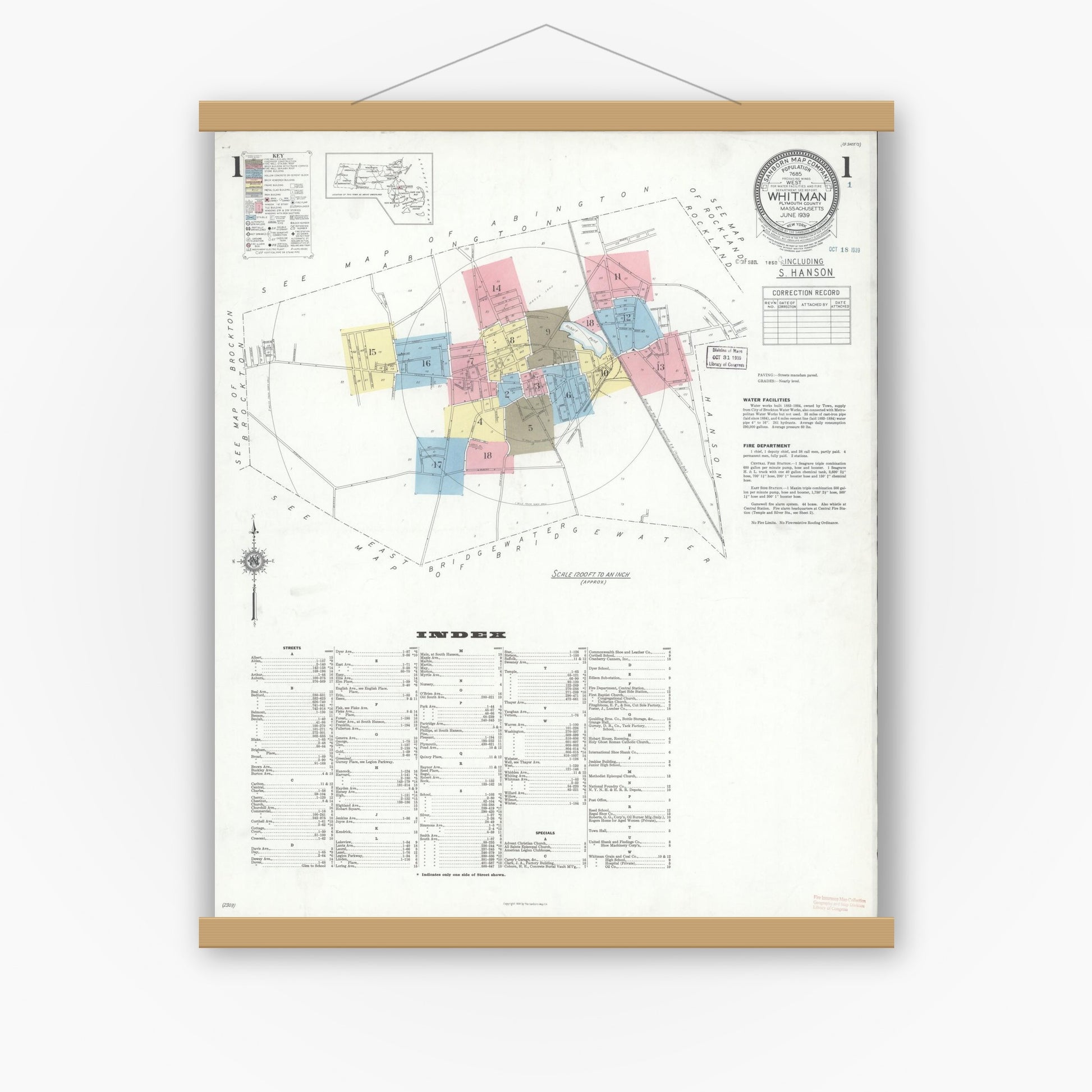 Old map wall art mockup — magnetic wood frame on white wall — Sanborn Fire Insurance Map from Whitman, Plymouth County, Massachusetts (1939) - Complete Map Set