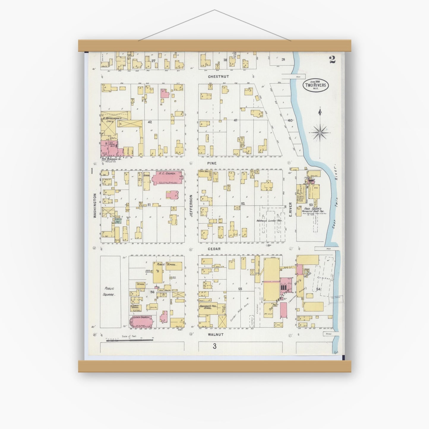 Old map wall art mockup — magnetic wood frame on white wall — Sanborn Fire Insurance Map from Two Rivers, Manitowoc County, Wisconsin (1898), Sheet #0002