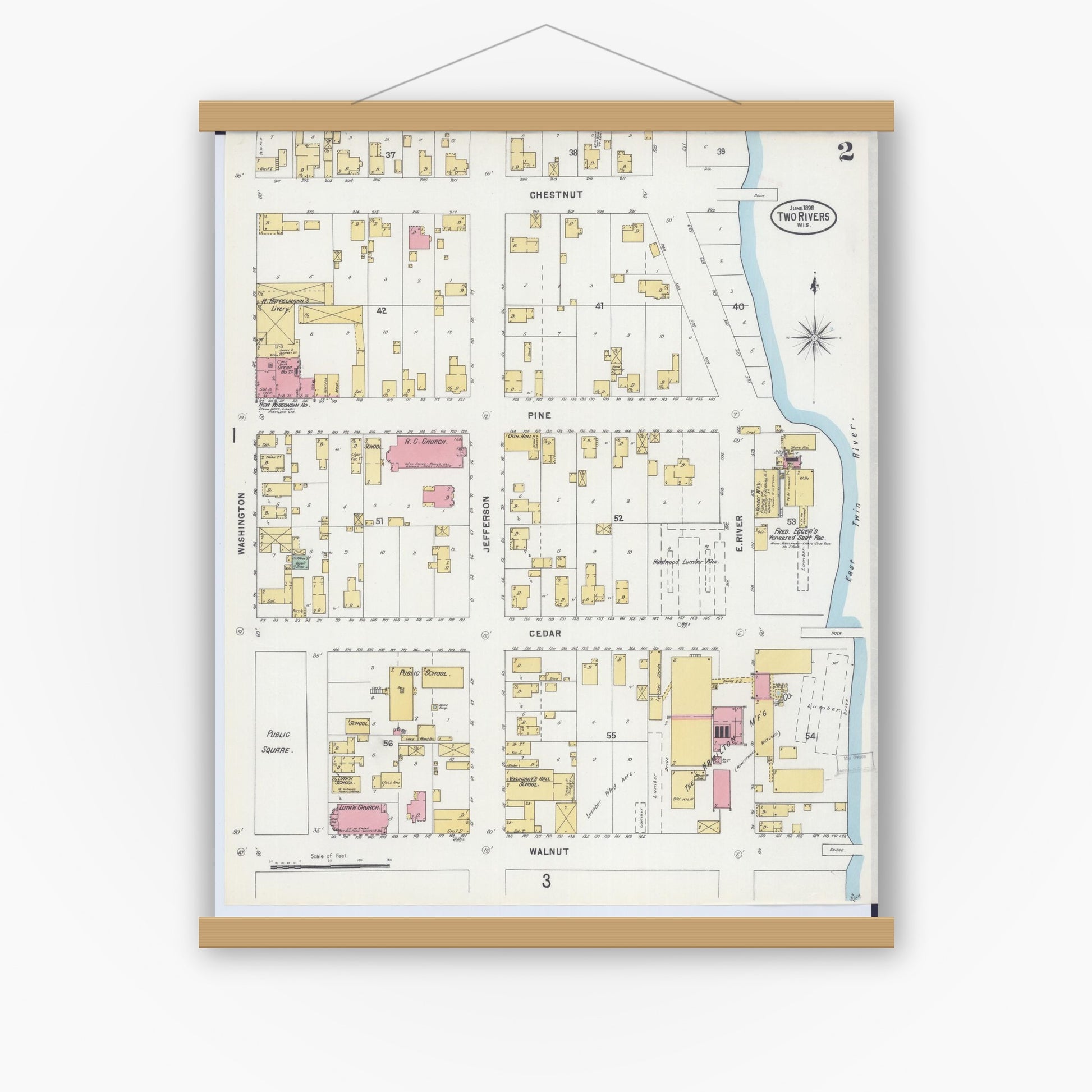 Old map wall art mockup — magnetic wood frame on white wall — Sanborn Fire Insurance Map from Two Rivers, Manitowoc County, Wisconsin (1898), Sheet #0002