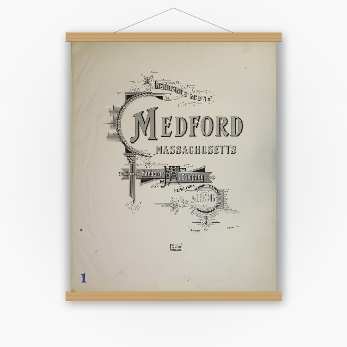 Old map wall art mockup — magnetic wood frame on white wall — Sanborn Fire Insurance Map from Medford, Middlesex County, Massachusetts (1936), Sheet #0001