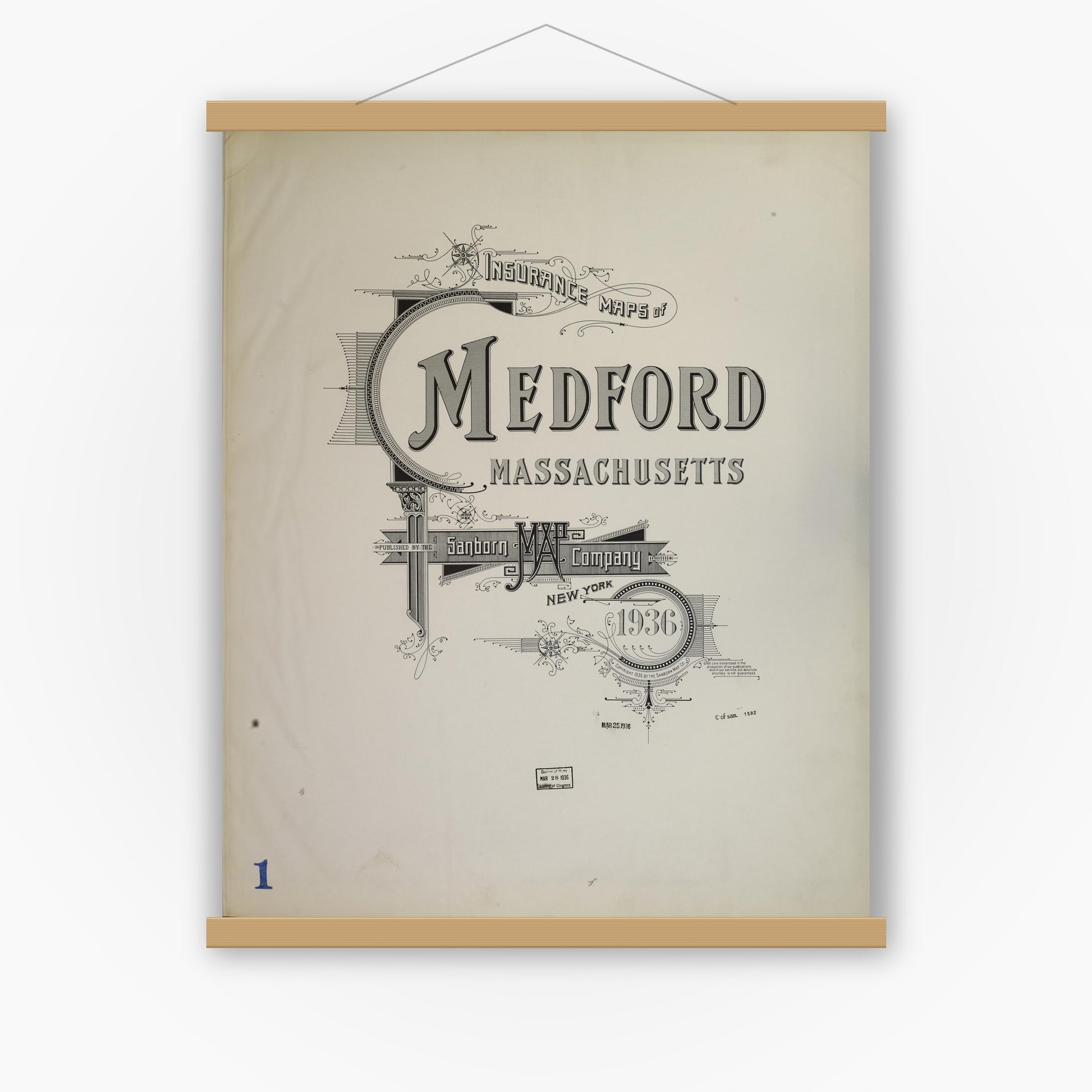 Old map wall art mockup — magnetic wood frame on white wall — Sanborn Fire Insurance Map from Medford, Middlesex County, Massachusetts (1936), Sheet #0001
