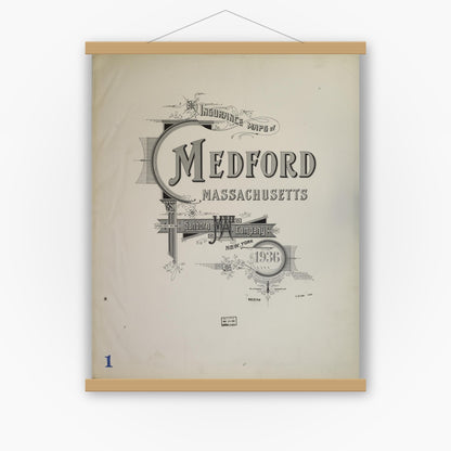 Old map wall art mockup — magnetic wood frame on white wall — Sanborn Fire Insurance Map from Medford, Middlesex County, Massachusetts (1936), Sheet #0001
