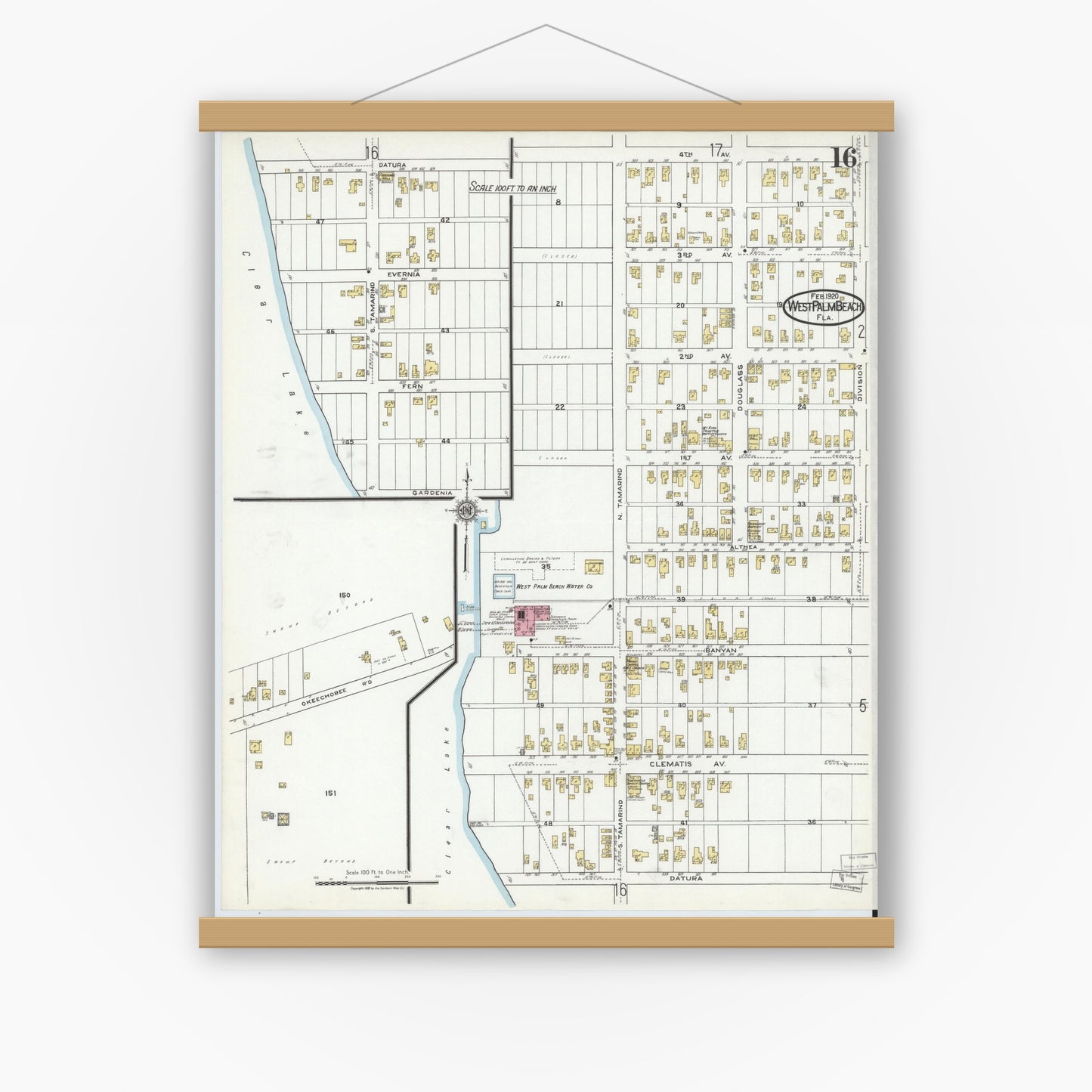 Old map wall art mockup — magnetic wood frame on white wall — Sanborn Fire Insurance Map from West Palm Beach, Dade County, Florida (1920), Sheet #0016