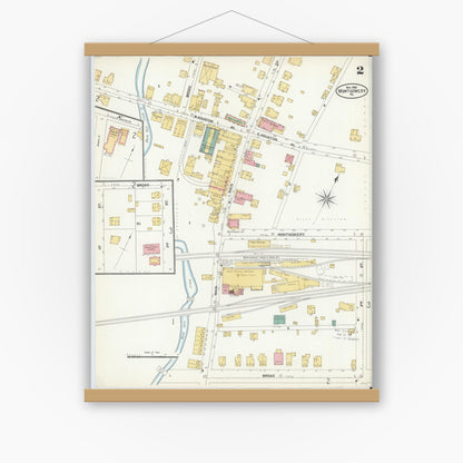 Old map wall art mockup — magnetic wood frame on white wall — Sanborn Fire Insurance Map from Montgomery, Lycoming County, Pennsylvania (1906), Sheet #0002