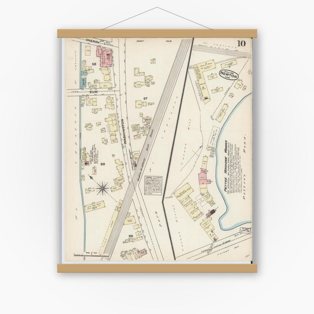 Old map wall art mockup — magnetic wood frame on white wall — Sanborn Fire Insurance Map from Newton, Middlesex County, Massachusetts (1884), Sheet #0010