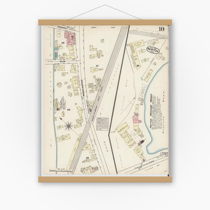 Old map wall art mockup — magnetic wood frame on white wall — Sanborn Fire Insurance Map from Newton, Middlesex County, Massachusetts (1884), Sheet #0010