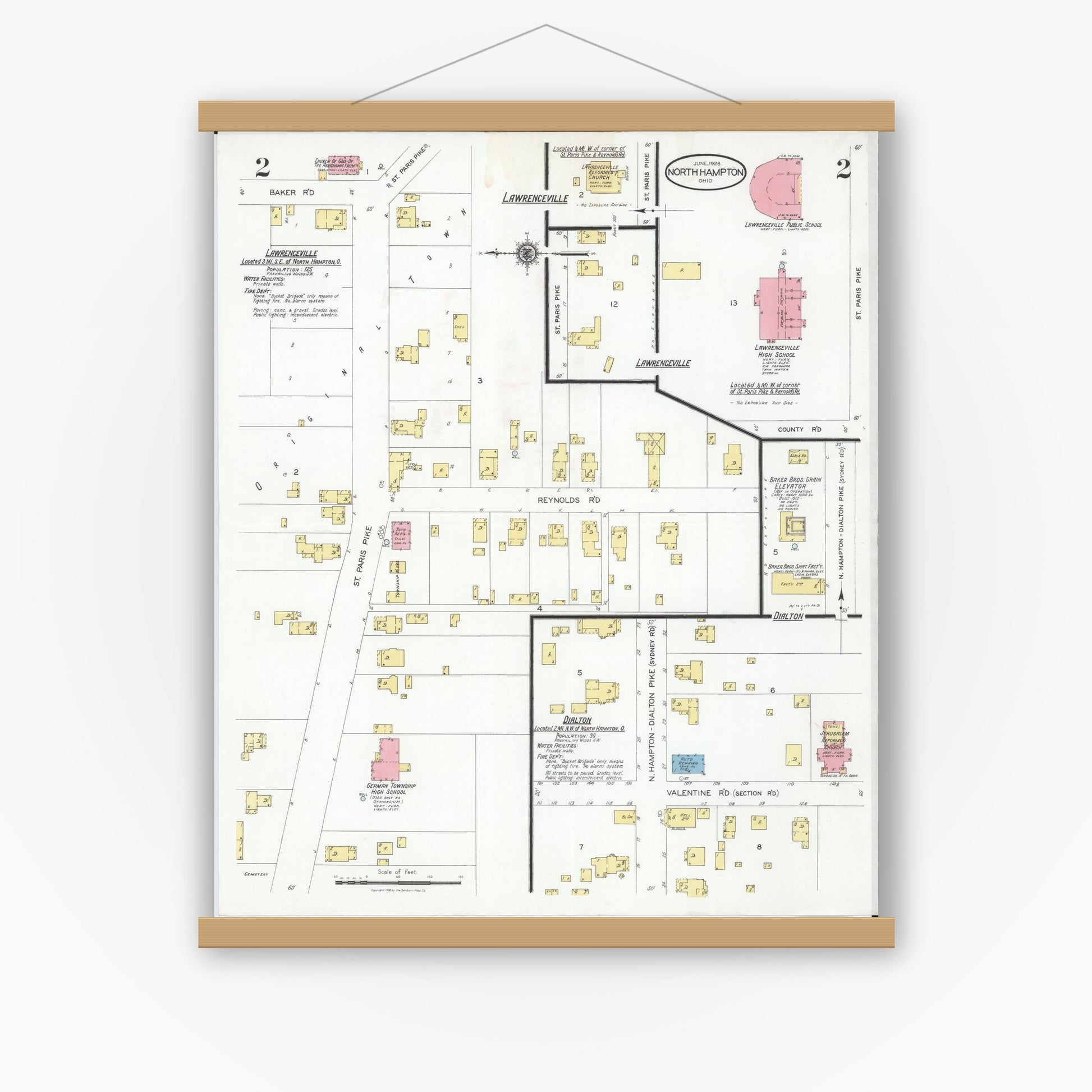 Old map wall art mockup — magnetic wood frame on white wall — Sanborn Fire Insurance Map from North Hampton, Clark County, Ohio (1928), Sheet #0002