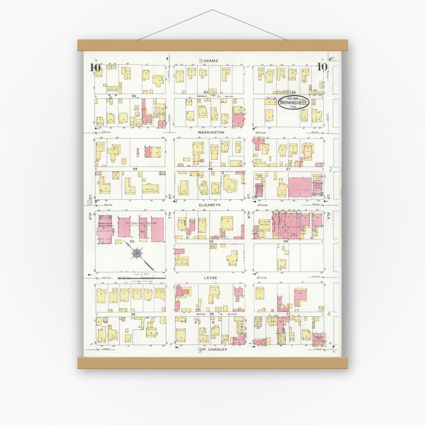 Old map wall art mockup — magnetic wood frame on white wall — Sanborn Fire Insurance Map from Brownsville, Cameron County, Texas (1926), Sheet #0010