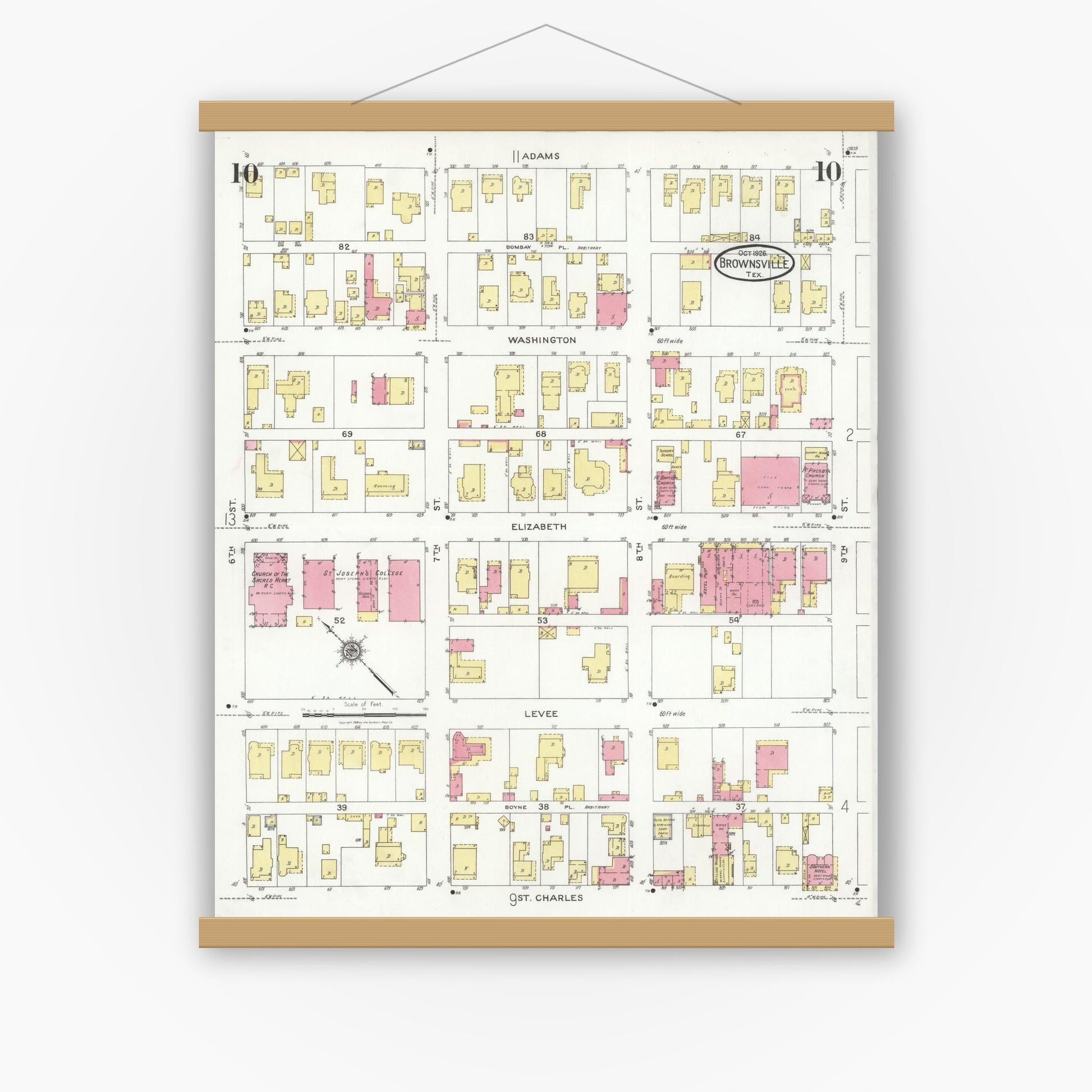 Old map wall art mockup — magnetic wood frame on white wall — Sanborn Fire Insurance Map from Brownsville, Cameron County, Texas (1926), Sheet #0010