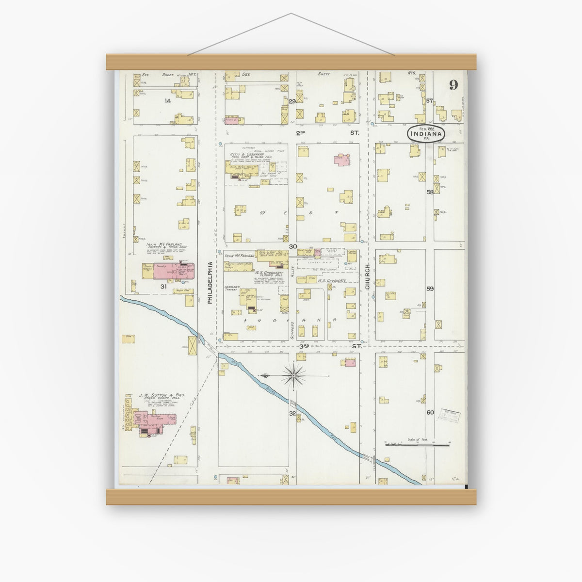 Old map wall art mockup — magnetic wood frame on white wall — Sanborn Fire Insurance Map from Indiana, Indiana County, Pennsylvania (1892), Sheet #0009