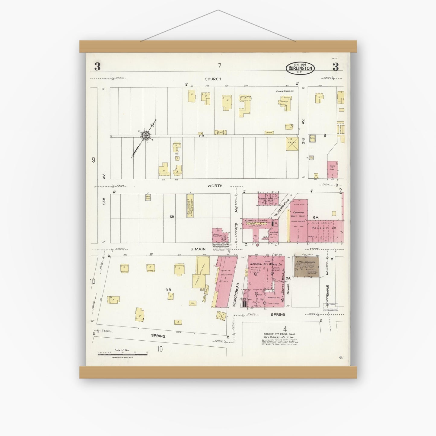 Old map wall art mockup — magnetic wood frame on white wall — Sanborn Fire Insurance Map from Burlington, Alamance County, North Carolina (1924), Sheet #0003