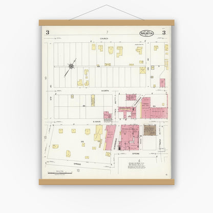Old map wall art mockup — magnetic wood frame on white wall — Sanborn Fire Insurance Map from Burlington, Alamance County, North Carolina (1924), Sheet #0003