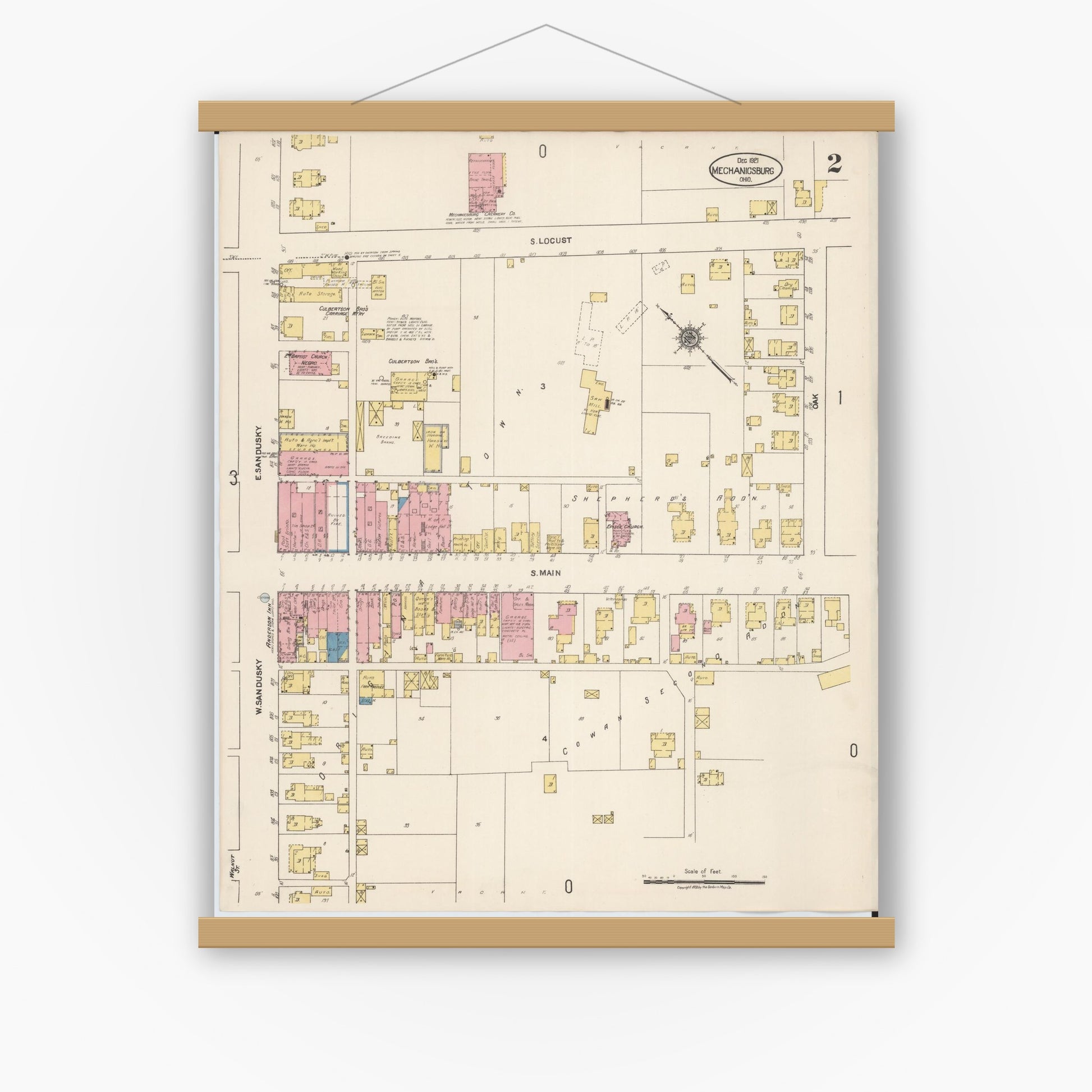 Old map wall art mockup — magnetic wood frame on white wall — Sanborn Fire Insurance Map from Mechanicsburg, Champaign County, Ohio (1921), Sheet #0002