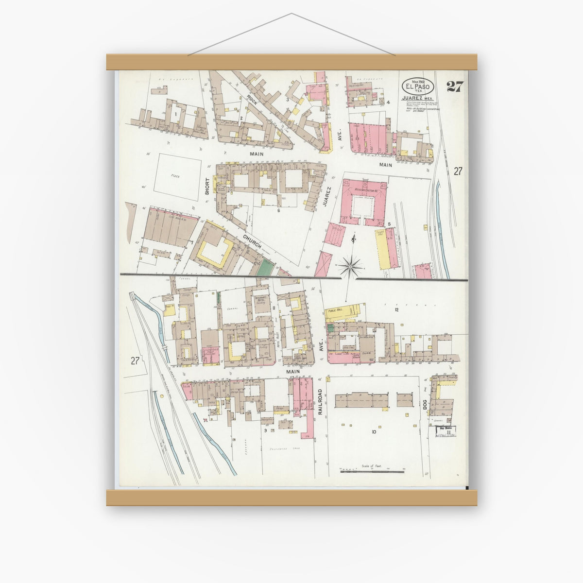 Old map wall art mockup — magnetic wood frame on white wall — Sanborn Fire Insurance Map from El Paso, El Paso County, Texas (1902), Sheet #0027