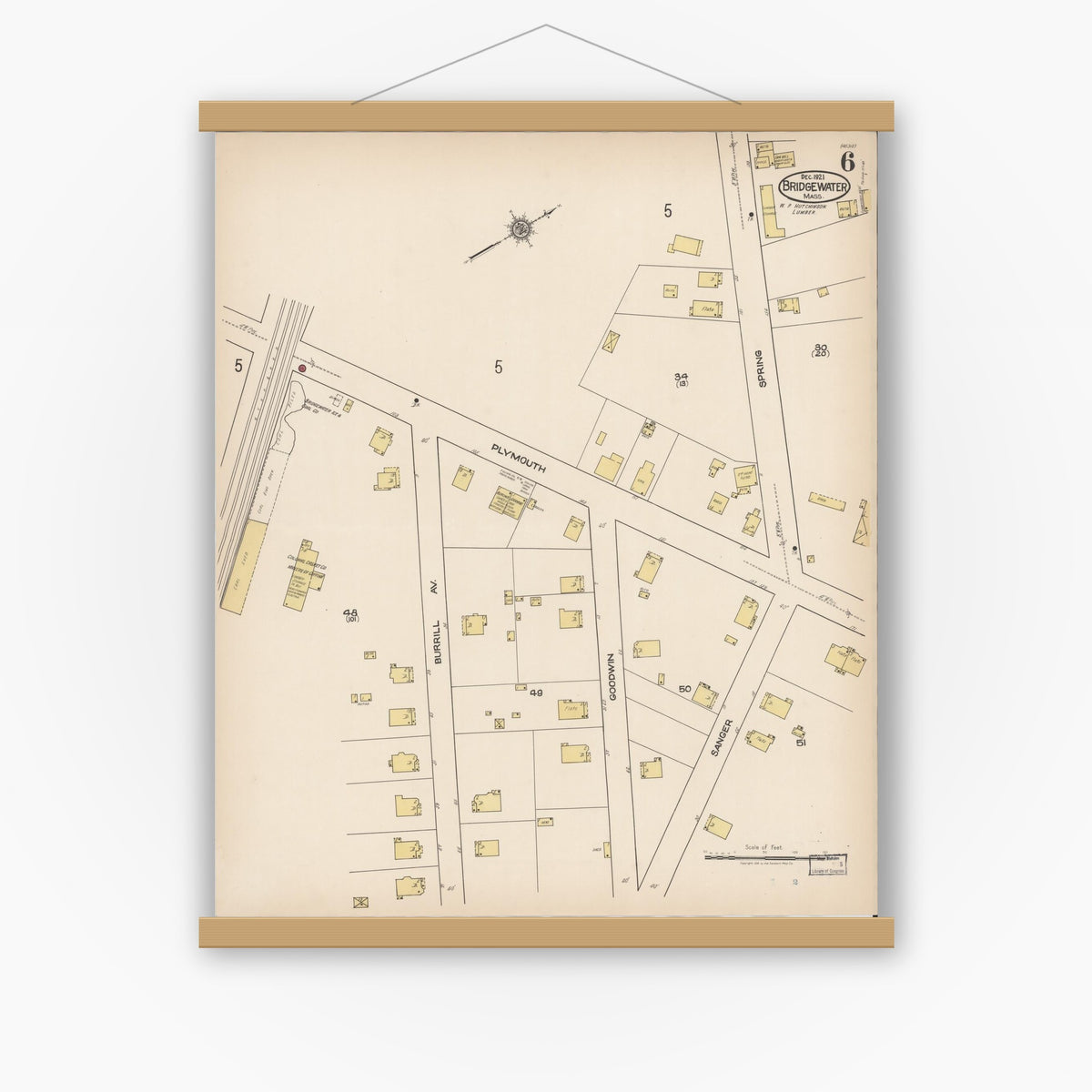 Old map wall art mockup — magnetic wood frame on white wall — Sanborn Fire Insurance Map from Bridgewater, Plymouth County, Massachusetts (1921), Sheet #0006
