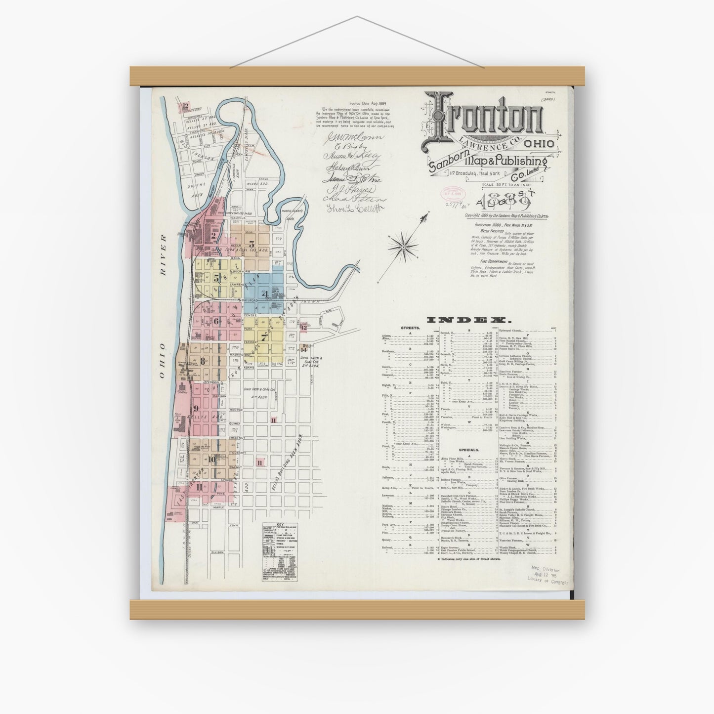 Old map wall art mockup — magnetic wood frame on white wall — Sanborn Fire Insurance Map from Ironton, Lawrence County, Ohio (1889) - Complete Map Set