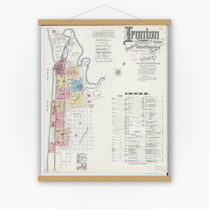 Old map wall art mockup — magnetic wood frame on white wall — Sanborn Fire Insurance Map from Ironton, Lawrence County, Ohio (1889) - Complete Map Set