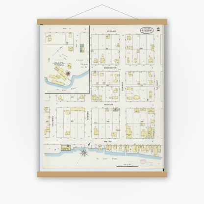 Old map wall art mockup — magnetic wood frame on white wall — Sanborn Fire Insurance Map from Algonac, Saint Clair County, Michigan (1895), Sheet #0002