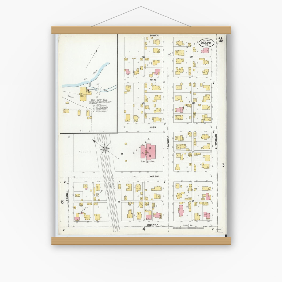 Old map wall art mockup — magnetic wood frame on white wall — Sanborn Fire Insurance Map from Delphi, Carroll County, Indiana (1900), Sheet #0002