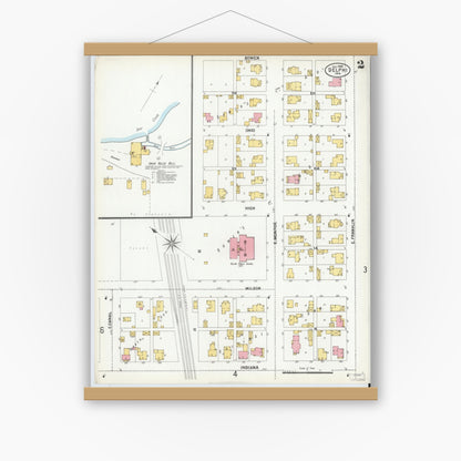 Old map wall art mockup — magnetic wood frame on white wall — Sanborn Fire Insurance Map from Delphi, Carroll County, Indiana (1900), Sheet #0002