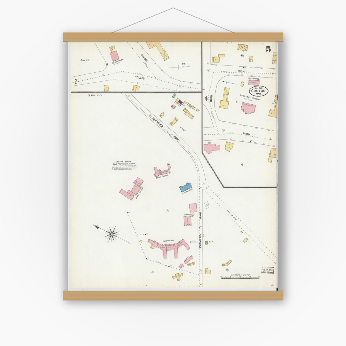 Old map wall art mockup — magnetic wood frame on white wall — Sanborn Fire Insurance Map from Groton, Middlesex County, Massachusetts (1906), Sheet #0005