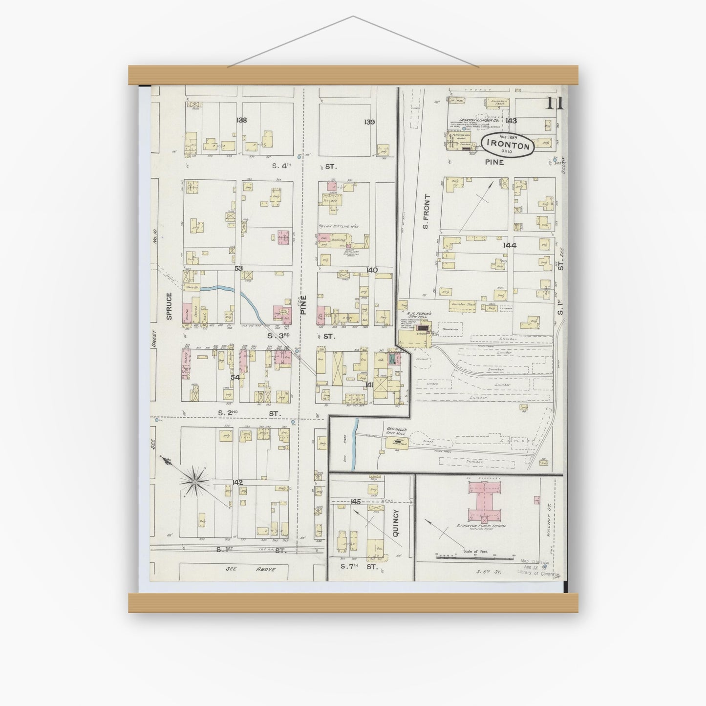 Old map wall art mockup — magnetic wood frame on white wall — Sanborn Fire Insurance Map from Ironton, Lawrence County, Ohio (1889), Sheet #0011