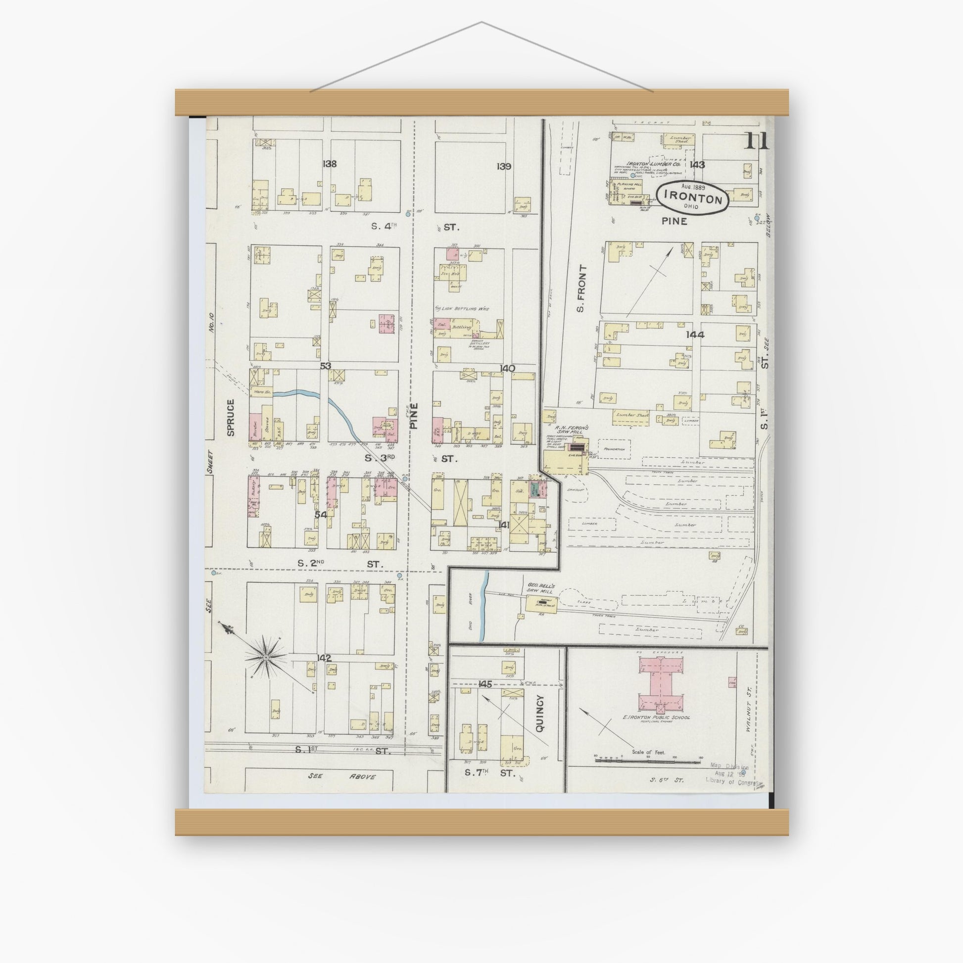 Old map wall art mockup — magnetic wood frame on white wall — Sanborn Fire Insurance Map from Ironton, Lawrence County, Ohio (1889), Sheet #0011