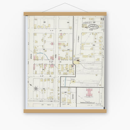 Old map wall art mockup — magnetic wood frame on white wall — Sanborn Fire Insurance Map from Ironton, Lawrence County, Ohio (1889), Sheet #0011