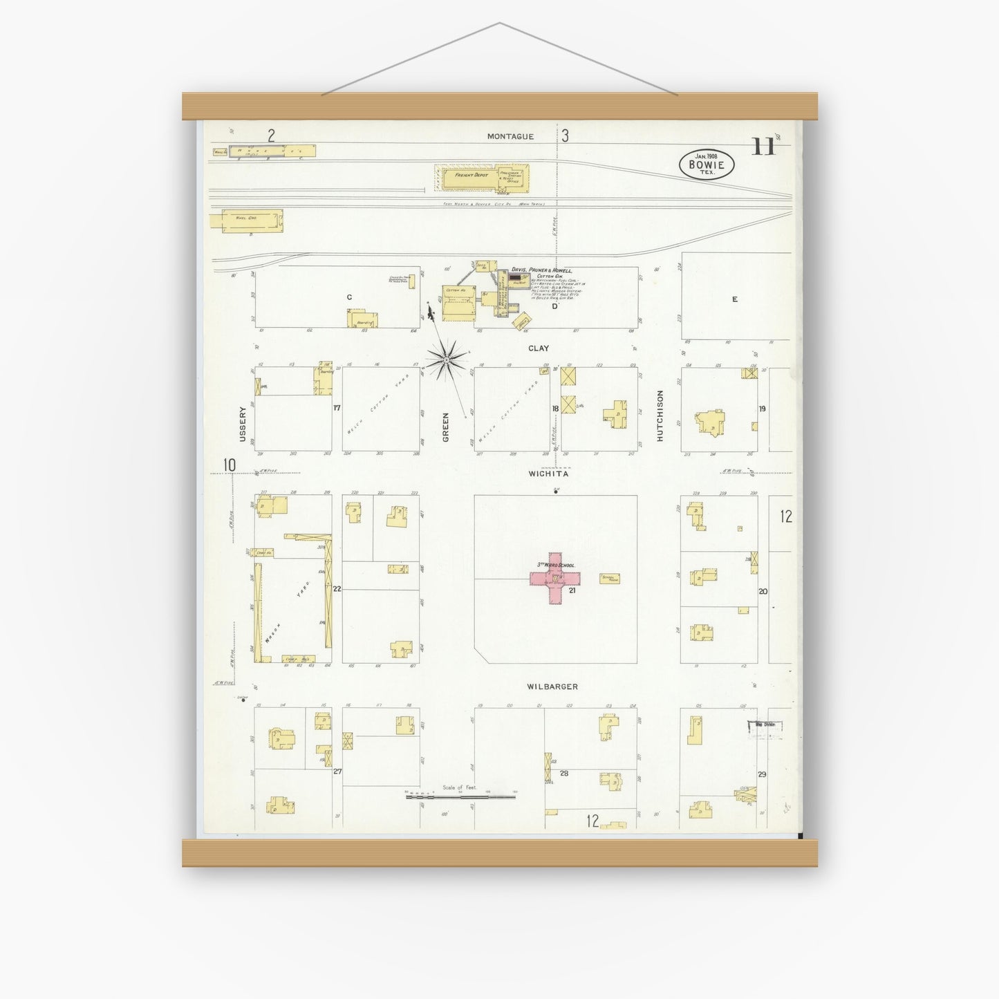 Old map wall art mockup — magnetic wood frame on white wall — Sanborn Fire Insurance Map from Bowie, Montague County, Texas (1908), Sheet #0011