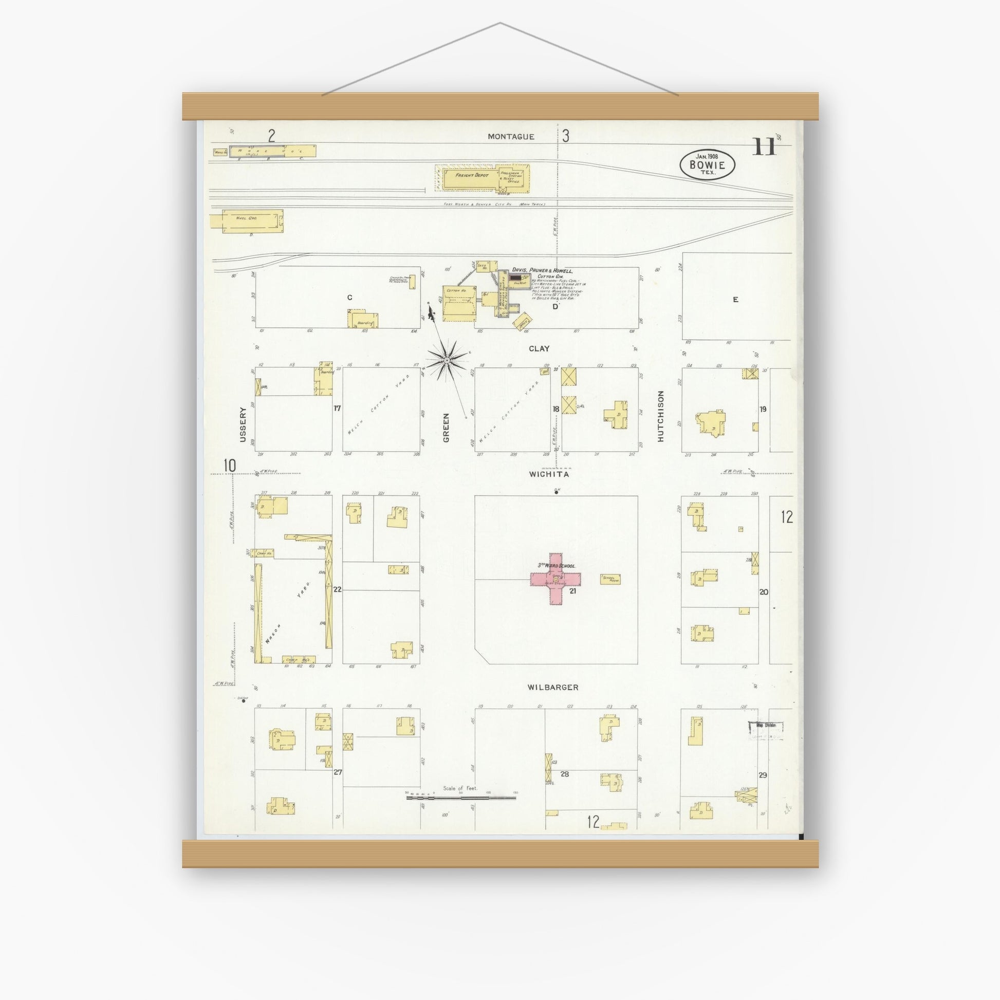 Old map wall art mockup — magnetic wood frame on white wall — Sanborn Fire Insurance Map from Bowie, Montague County, Texas (1908), Sheet #0011