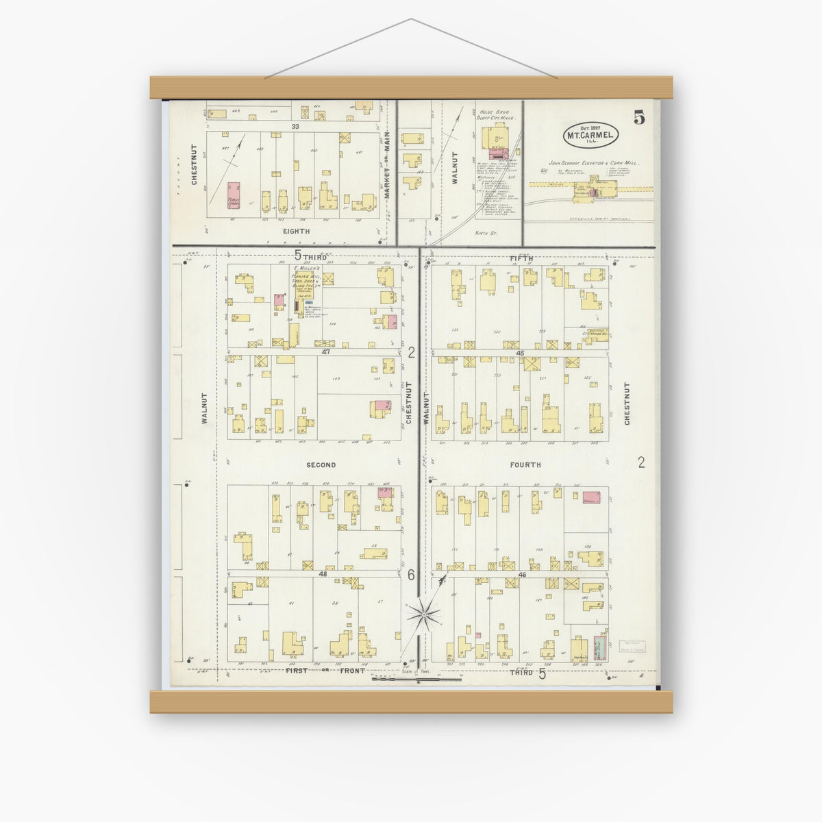 Old map wall art mockup — magnetic wood frame on white wall — Sanborn Fire Insurance Map from Mount Carmel, Wabash County, Illinois (1897), Sheet #0005