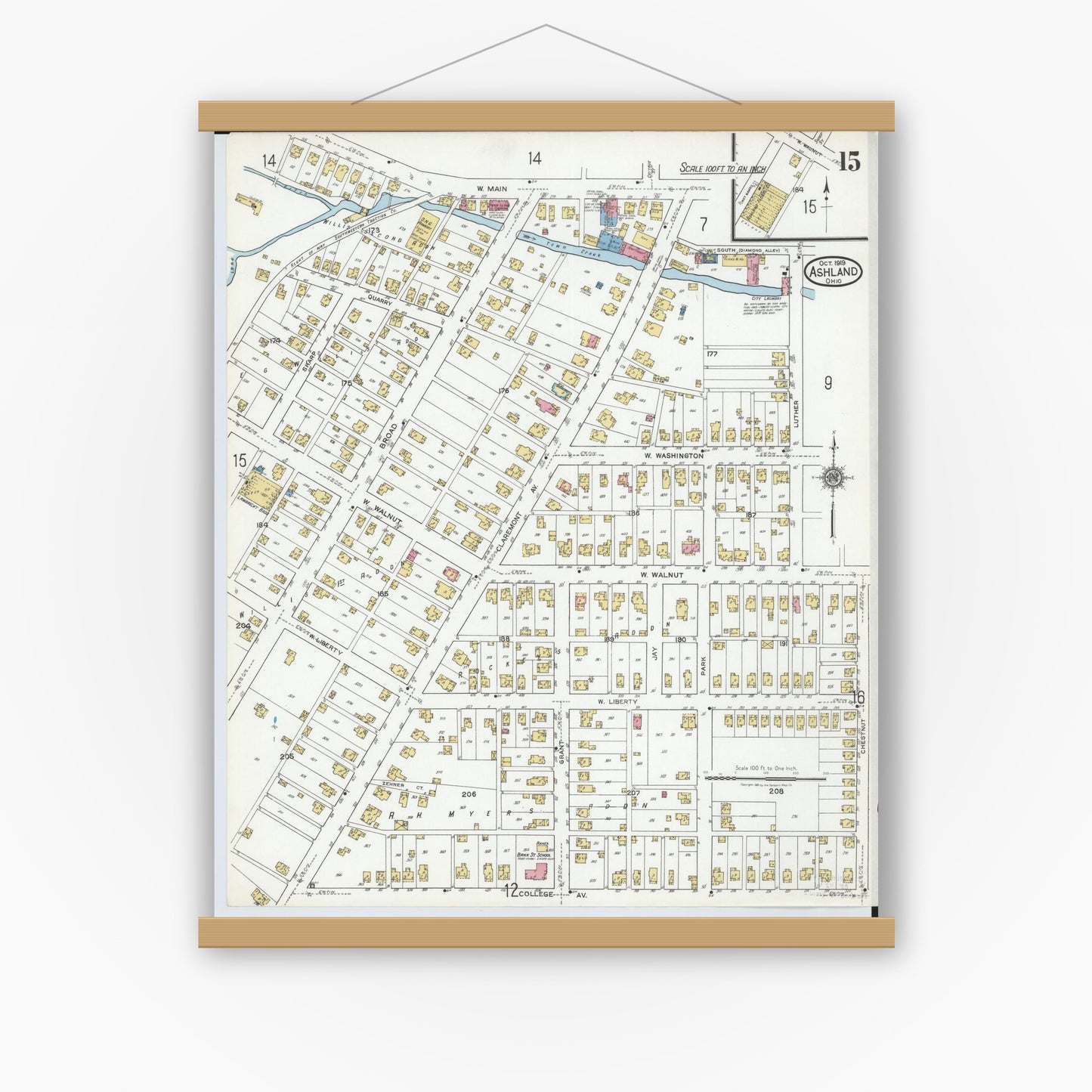 Old map wall art mockup — magnetic wood frame on white wall — Sanborn Fire Insurance Map from Ashland, Ashland County, Ohio (1919), Sheet #0015