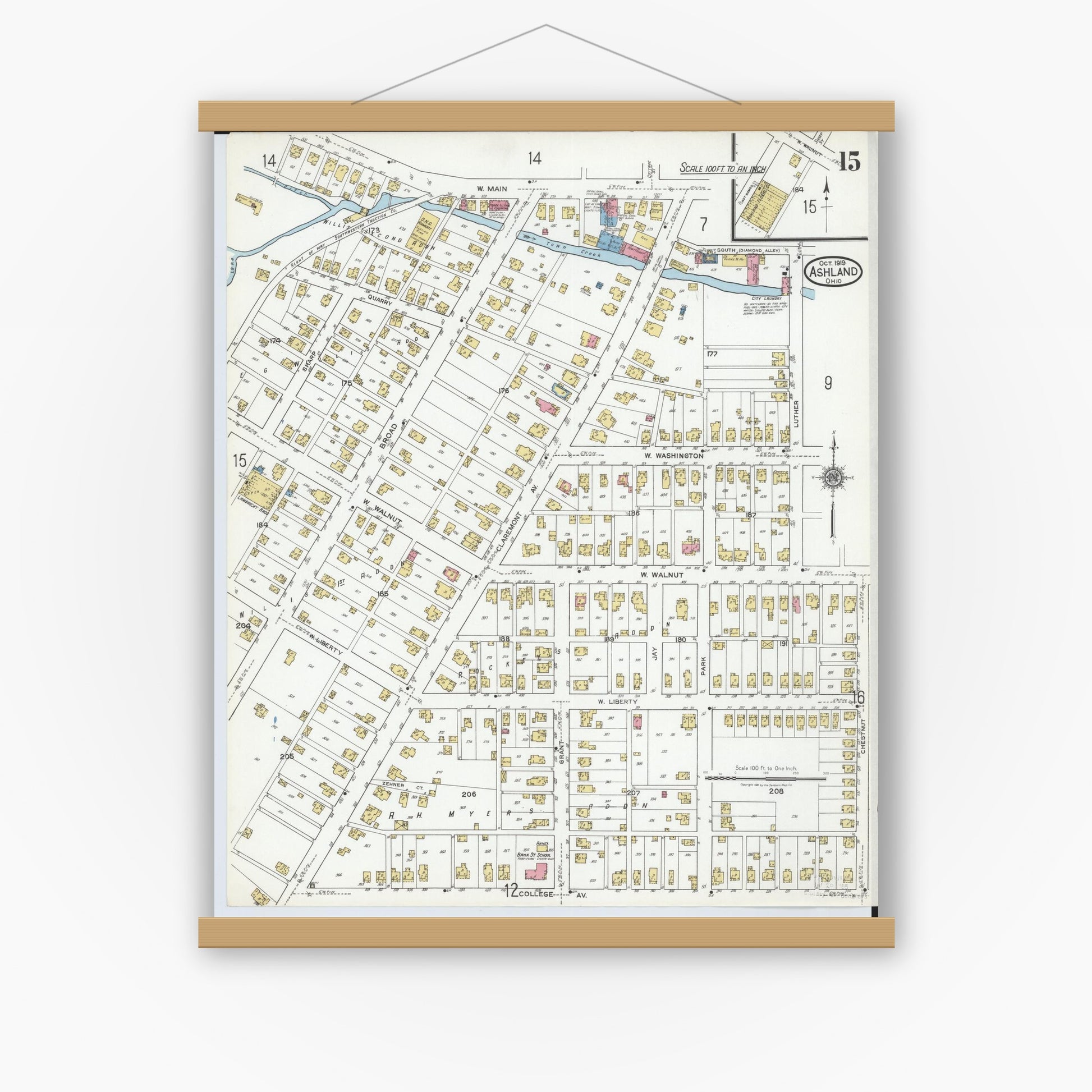 Old map wall art mockup — magnetic wood frame on white wall — Sanborn Fire Insurance Map from Ashland, Ashland County, Ohio (1919), Sheet #0015