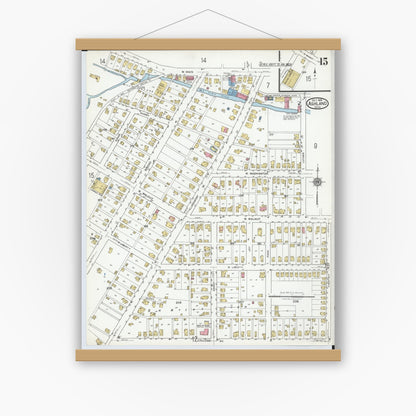 Old map wall art mockup — magnetic wood frame on white wall — Sanborn Fire Insurance Map from Ashland, Ashland County, Ohio (1919), Sheet #0015
