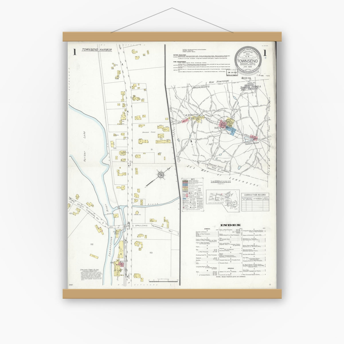 Old map wall art mockup — magnetic wood frame on white wall — Sanborn Fire Insurance Map from Townsend, Middlesex County, Massachusetts (1936) - Complete Map Set