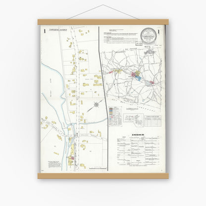 Old map wall art mockup — magnetic wood frame on white wall — Sanborn Fire Insurance Map from Townsend, Middlesex County, Massachusetts (1936) - Complete Map Set