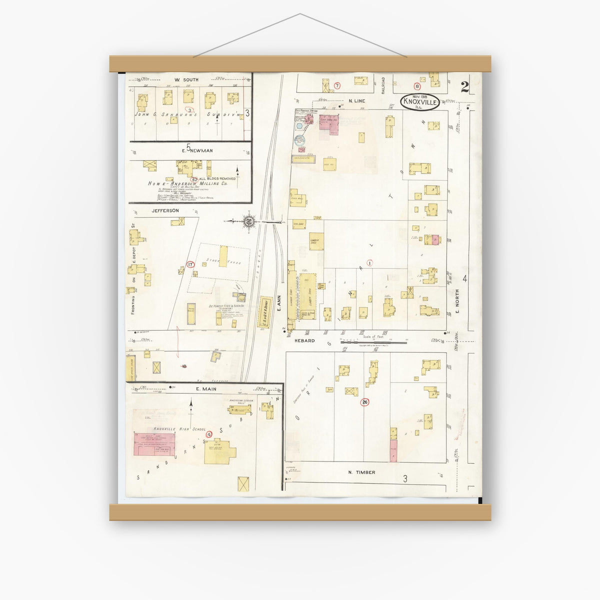 Old map wall art mockup — magnetic wood frame on white wall — Sanborn Fire Insurance Map from Knoxville, Knox County, Illinois (1944), Sheet #0002