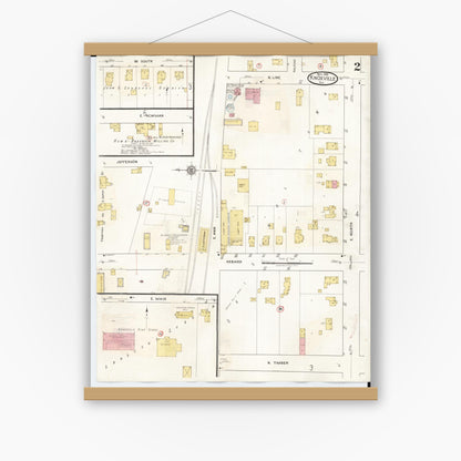 Old map wall art mockup — magnetic wood frame on white wall — Sanborn Fire Insurance Map from Knoxville, Knox County, Illinois (1944), Sheet #0002